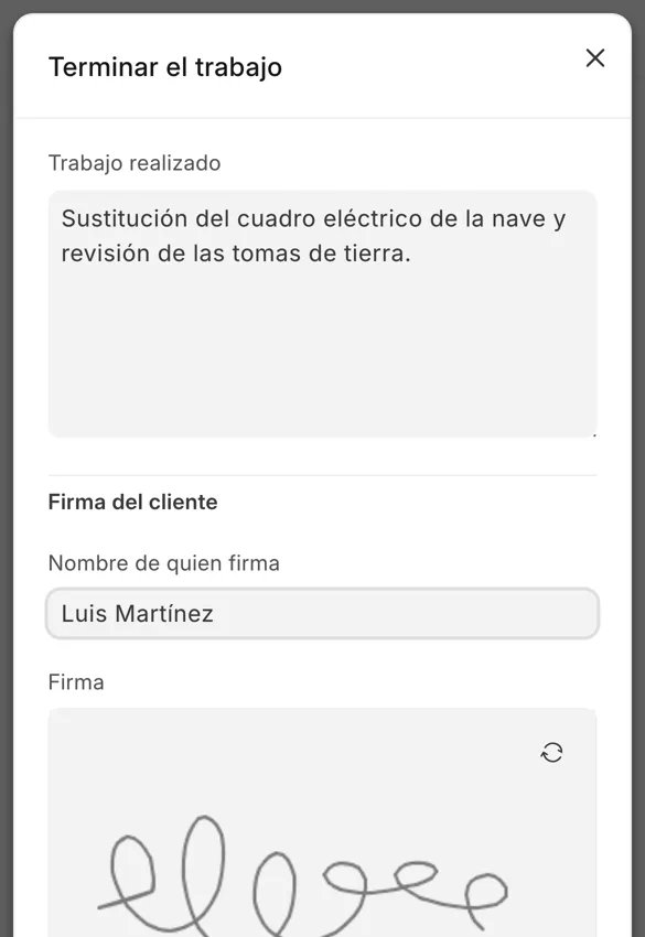 Ventana para terminar el parte con el trabajo realizado y la firma del cliente